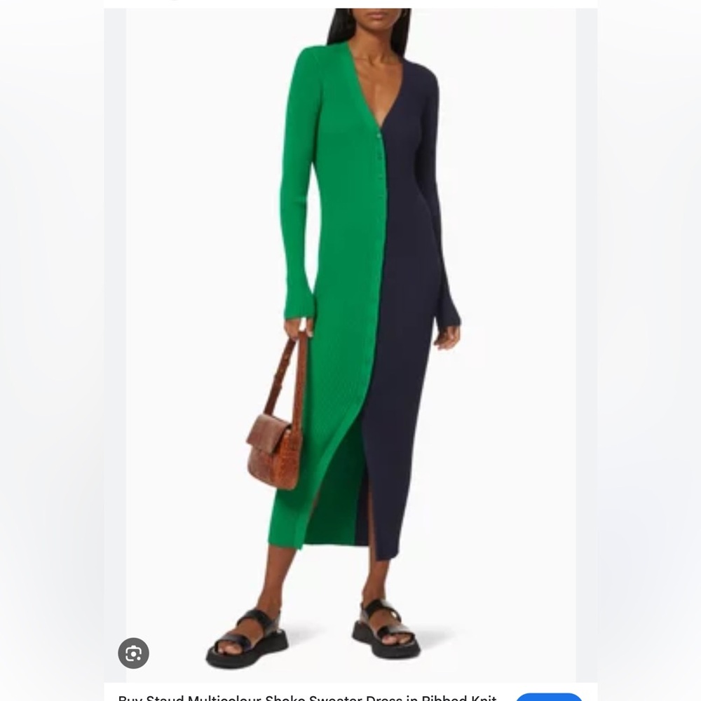 Staud Shoko Green and Navy Long Sleeve Dress